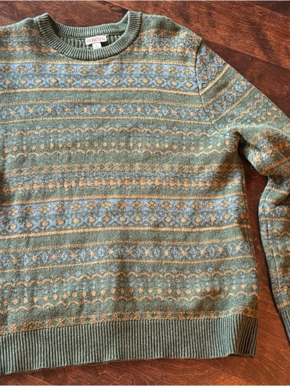 Merona Green Fair Isle Crewneck Sweater with Blue and Tan Motif